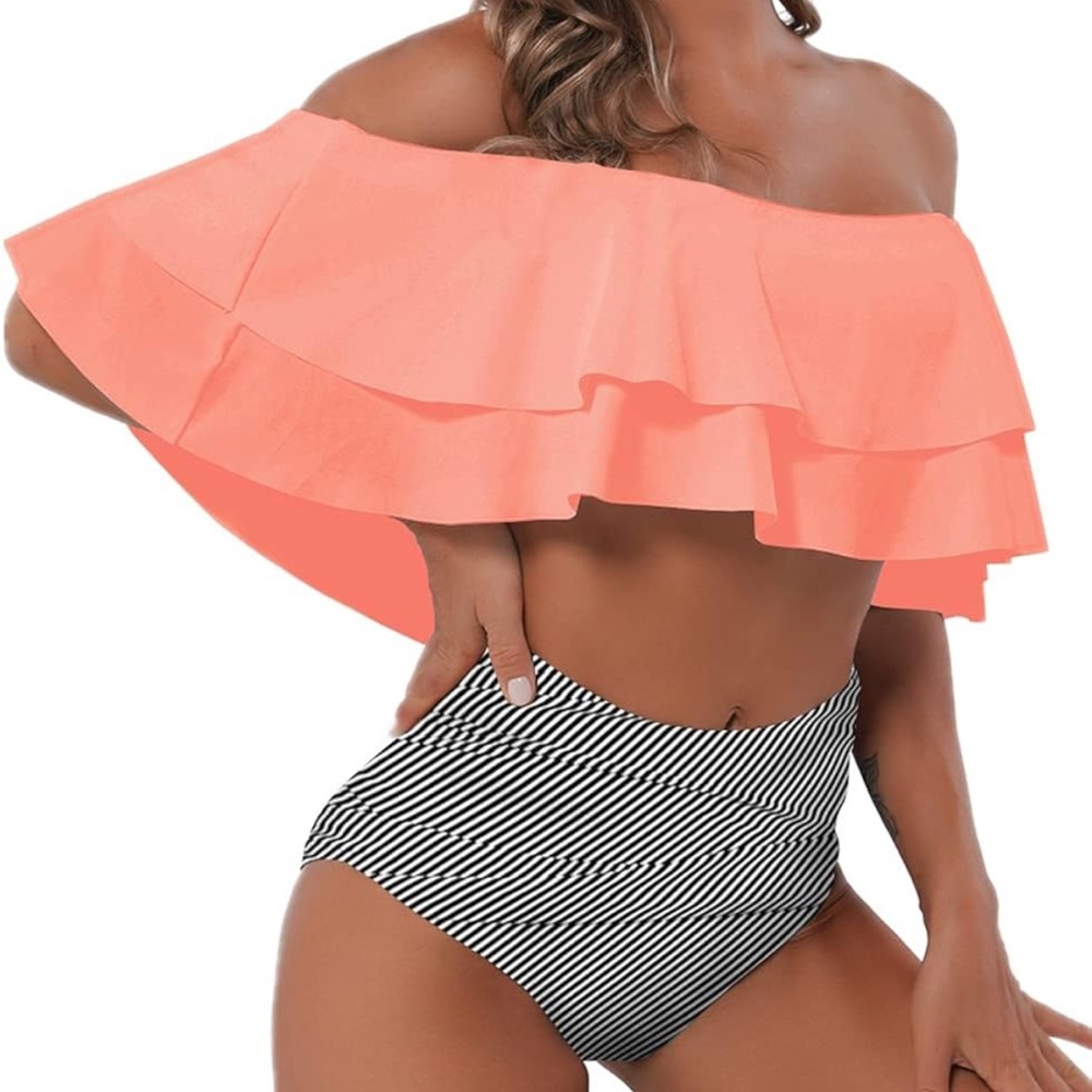 Off-Shoulder Ruffle Bikini Set - Coral and Black